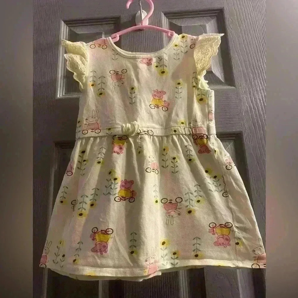 Peppa Pig dress with eyelet cap sleeves elastic waist in yellow Girls size 4T